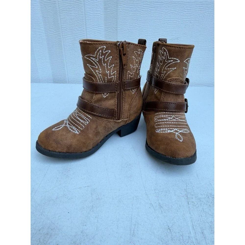 Faded Glory Toddler Girls Size 7 Brown Western Cowgirl Boots Buckle Side Zip